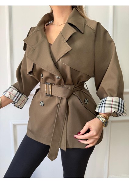 Haki Ekose Detaylı Kemerli Trençkot