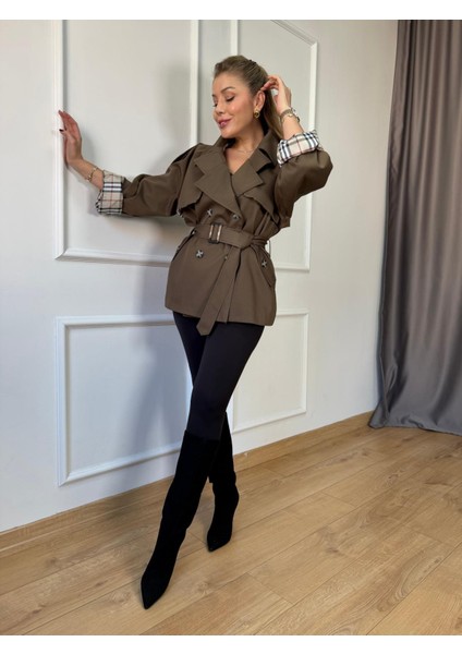 Haki Ekose Detaylı Kemerli Trençkot fiyatları
