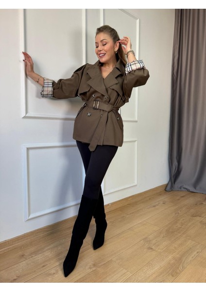 Haki Ekose Detaylı Kemerli Trençkot modelleri