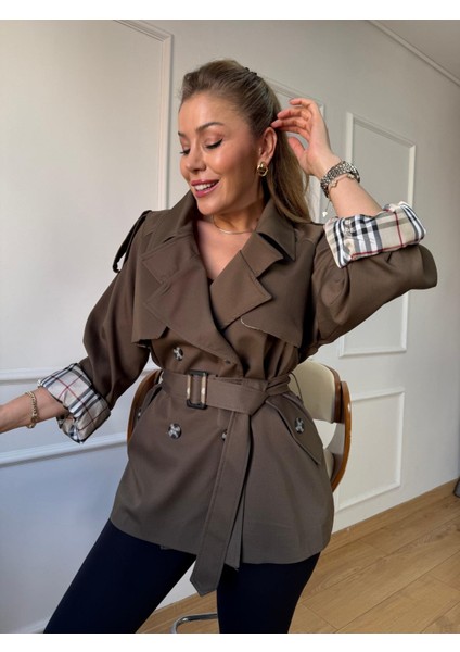 Haki Ekose Detaylı Kemerli Trençkot fırsatları