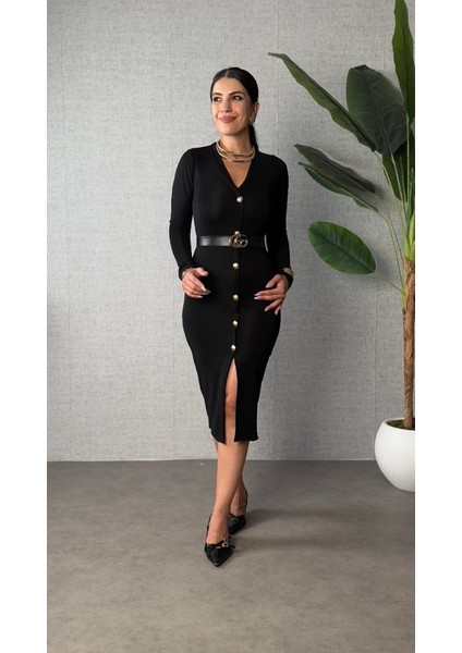 Kadın Uzun Kollu V Yakalı Önden Düğmeli Yırtmaçlı Modal Midi Kemersiz Elbise