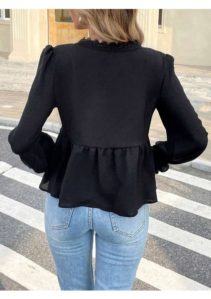 Kadın Uzun Kollu V Dantel Yaka Aerobin Bluz fırsatları