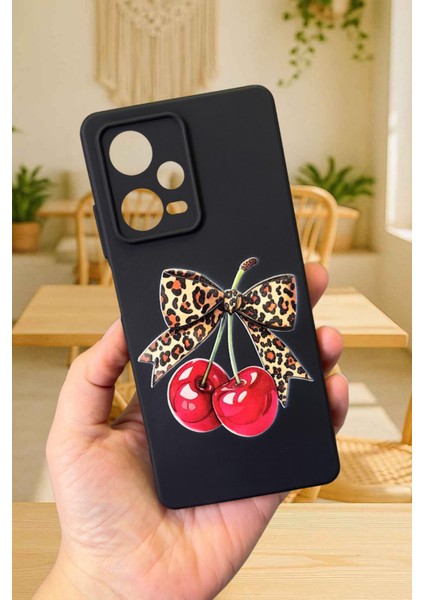 Redmi Note 12 Pro 5g Uyumlu Kiraz Leopar Fiyonk Desenli Silikon Darbe Emici Rubber Kılıf
