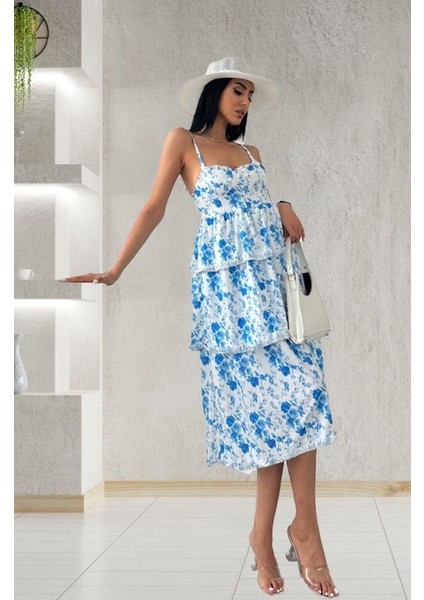 Kadın Sıfır Kol Askılı Dekolteli Yırtmaç Detay Çiçek Baskılı Süprem Midi Elbise fiyatları