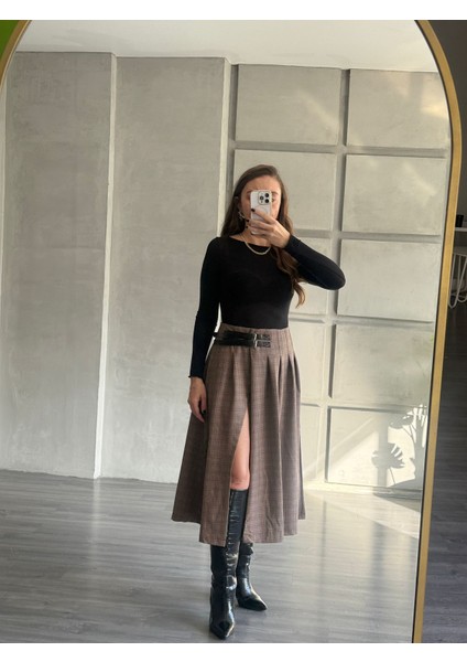 Ekoseli Kemer Detaylı Midi Etek