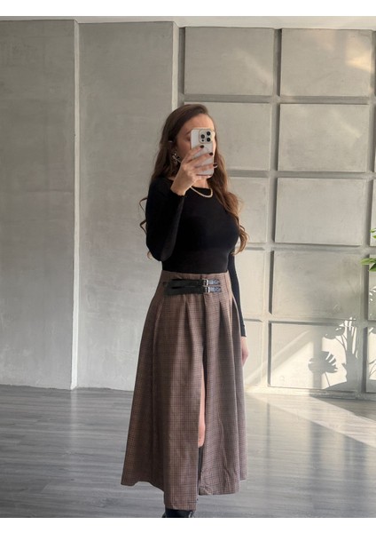 Ekoseli Kemer Detaylı Midi Etek fiyatları