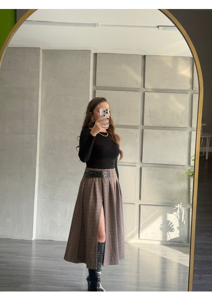 Ekoseli Kemer Detaylı Midi Etek modelleri