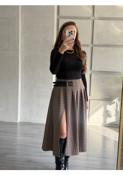 Ekoseli Kemer Detaylı Midi Etek indirimleri