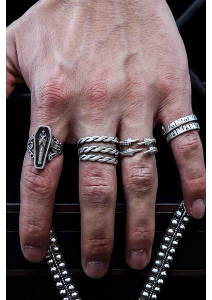 4 Adet 925 Ayar Gümüş Kaplama Ayarlanabilir Erkek Kadın Pençe Tabut Muzura Terzi Zincir Yüzük Seti