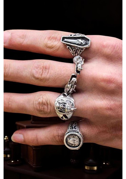 4 Adet 925 Ayar Gümüş Kaplama Ayarlanabilir El Yapımı Erkek Kadın Tabut Medusa Yüzük Seti