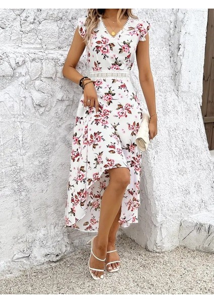 Kadın Kısa Kollu V Yakalı Çiçek Desenli Önü Kısa Arkası Uzun Süprem Elbise