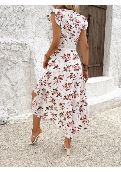 Kadın Kısa Kollu V Yakalı Çiçek Desenli Önü Kısa Arkası Uzun Süprem Elbise modelleri