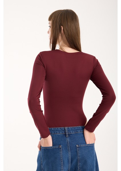 Bisiklet Yaka Altdan Çıt Çıtlı Body - Çıtçıtlı Body Uzun Kol