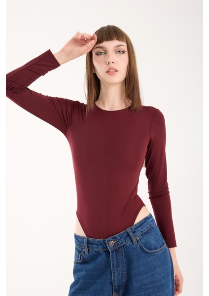 Bisiklet Yaka Altdan Çıt Çıtlı Body - Çıtçıtlı Body Uzun Kol