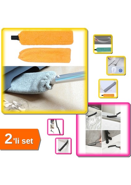 Mikrofiber Başlıklı Girintili Yüzey Temizleme Mopu + Derz Temizleme Fırçası - 2li Set D7E8F9