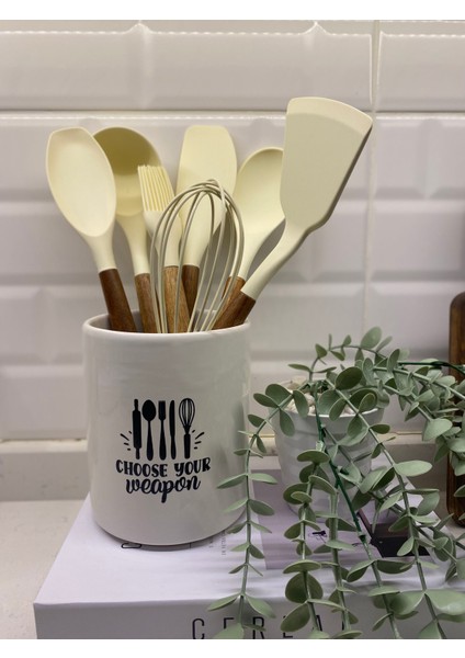 Ahşap Saplı Silikon Servis Seti Seramik Kaşıklık