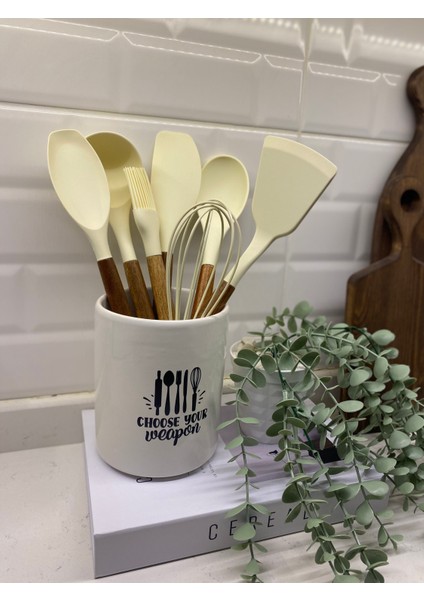 Ahşap Saplı Silikon Servis Seti Seramik Kaşıklık fiyatları