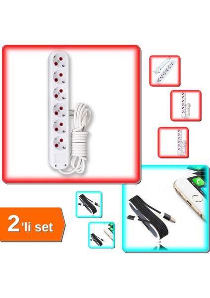 Örgü Şeklinde Renkli Çelik Şarj Data Kablosu - Siyah + 3 Mt. Kablolu 6'lı Topraklı Grup Priz ABC456