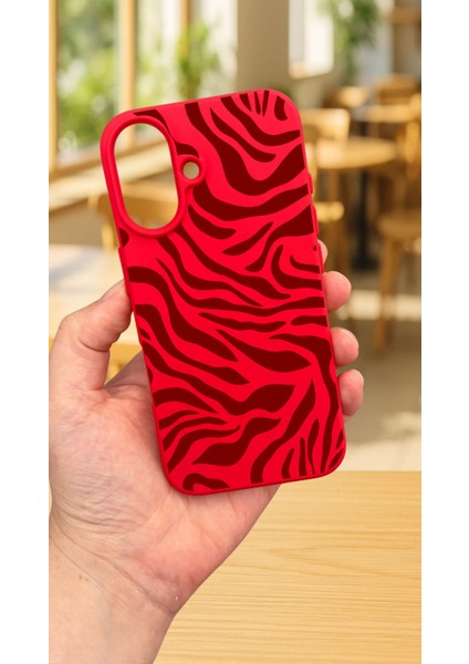 iPhone 16 - Kırmızı Zebra Desenli Silikon Darbe Emici Klasik Korumalı Rubber Kılıf