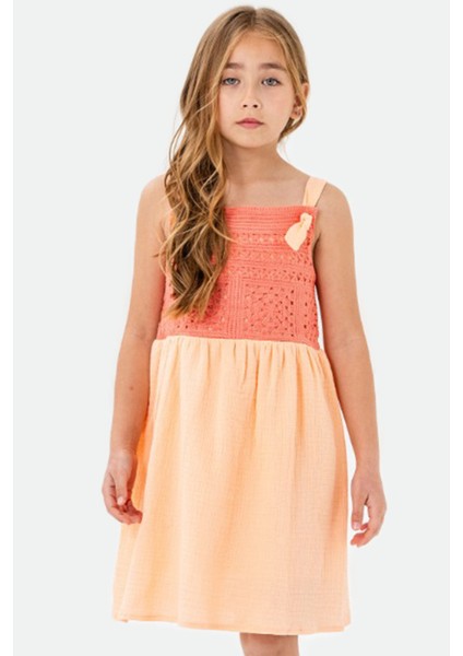 Turuncu Dantel Detaylı Müslin Kız Çocuk Elbise 21085 modelleri