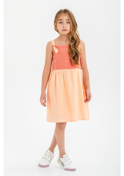 Turuncu Dantel Detaylı Müslin Kız Çocuk Elbise 21085 fırsatları