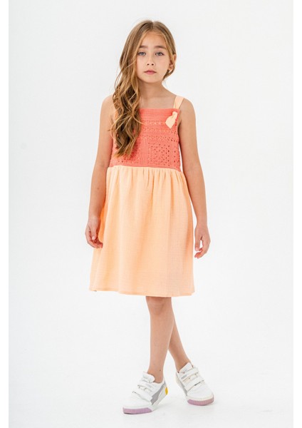 Turuncu Dantel Detaylı Müslin Kız Çocuk Elbise 21085 indirimleri