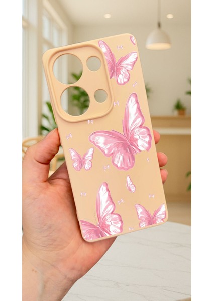 Redmi Note 13 Pro 4g Pembe Kelebek Desenli Silikon Darbe Emici Klasik Korumalı Rubber Kılıf