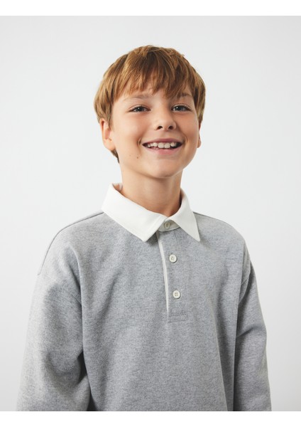 Şardonlu Uzun Kollu Düğmeli Gömlek Yaka Sweatshirt