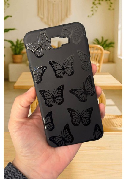 Samsung Galaxy J7 Prime Uyumlu Siyah Kelebek Desenli Silikon Darbe Emici Rubber Kılıf