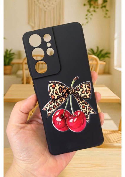 Samsung Galaxy S21 Ultra Uyumlu Kiraz Leopar Fiyonk Desenli Silikon Darbe Emici Rubber Kılıf