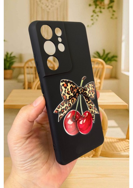 Samsung Galaxy S21 Ultra Uyumlu Kiraz Leopar Fiyonk Desenli Silikon Darbe Emici Rubber Kılıf modelleri
