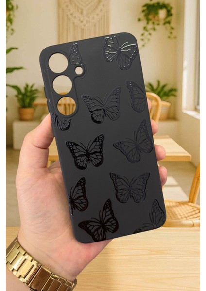 Samsung Galaxy S25 Plus- Siyah Kelebek Desenli Silikon Darbe Emici Klasik Korumalı Rubber Kılıf