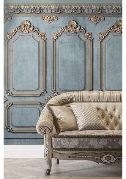 Klasik Mavi ve Altın Sütun Çerçeve Vintage Desenli Duvar Kağıdı