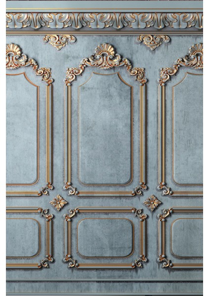 Klasik Mavi ve Altın Sütun Çerçeve Vintage Desenli Duvar Kağıdı fiyatları