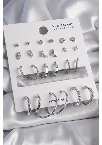 Pirinç Gümüş Renk Zirkon Taş Detaylı 12 Çift Kadın Küpe Seti - TJ-BKP9683