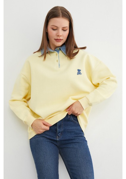 3 Iplik Ayıcık Nakışlı Polo Yaka Denim Detaylı Sweatshirt modelleri