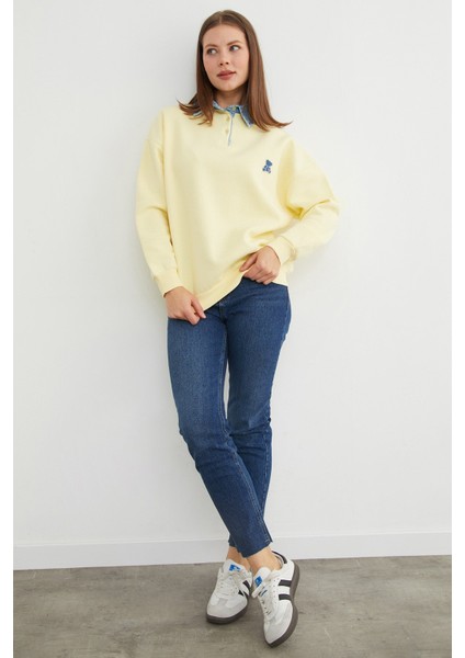 3 Iplik Ayıcık Nakışlı Polo Yaka Denim Detaylı Sweatshirt fırsatları