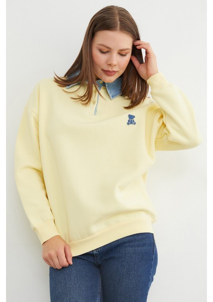 3 Iplik Ayıcık Nakışlı Polo Yaka Denim Detaylı Sweatshirt indirimleri