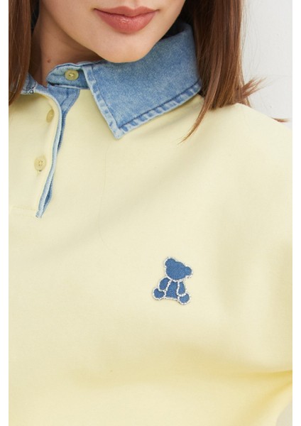 3 Iplik Ayıcık Nakışlı Polo Yaka Denim Detaylı Sweatshirt