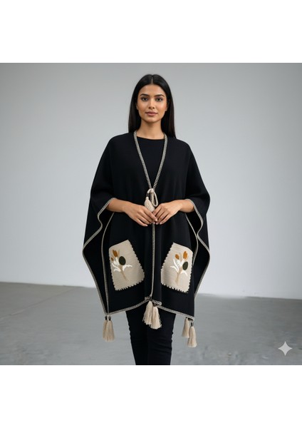 Akmoda Kalın Kışlık Triko Uzun Panço