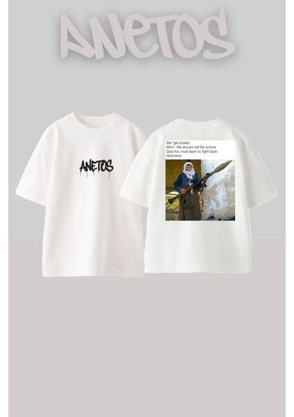 Roketci Teyze Tasarım Sırt Baskılı Pamuk Beyaz Oversize T-Shirt