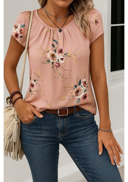 Kadın Kısa Kollu Bisiklet Yaka Çiçek Baskılı Süprem Bluz