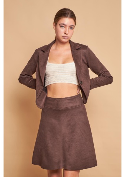 Hafif Likralı Süet Kumaş Flato Cepli Uzun Kol Kısa Blazer Ceket-Kahve fiyatları