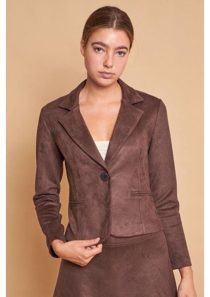 Hafif Likralı Süet Kumaş Flato Cepli Uzun Kol Kısa Blazer Ceket-Kahve fırsatları