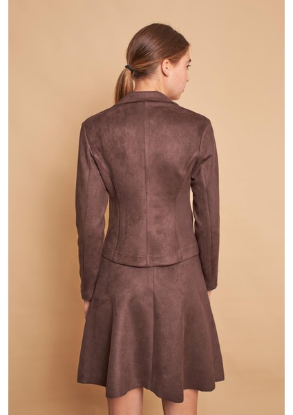 Hafif Likralı Süet Kumaş Flato Cepli Uzun Kol Kısa Blazer Ceket-Kahve indirimleri