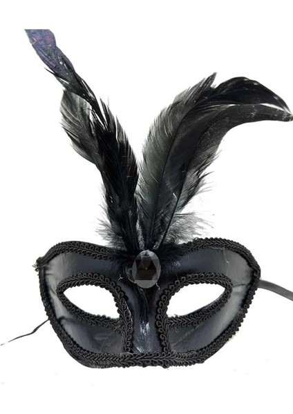 Siyah Renk Rugan Kaplama Kırmızı Tüylü Parti Maskesi 18x20 cm