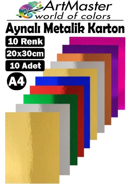 Aynalı Metalik Fon Kartonu 20X30 cm 10 Renk 1 Paket Dekoratif Pırıltılı Folyo Kağıt Okul Sınıf Renkli