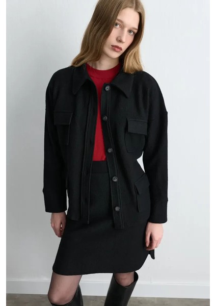 Cepli Yün Gömlek Ceket - Siyah