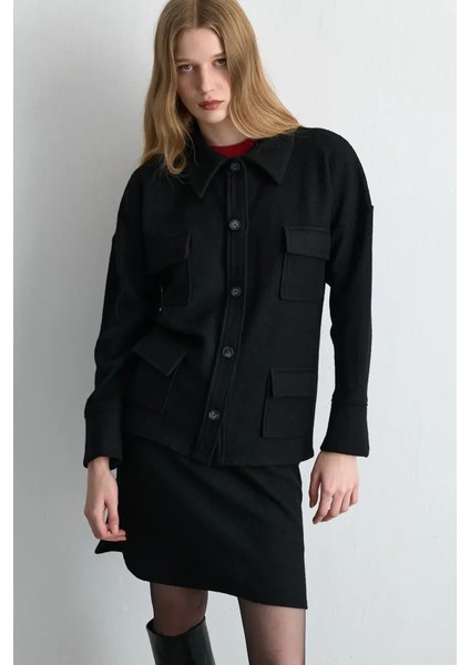 Cepli Yün Gömlek Ceket - Siyah modelleri