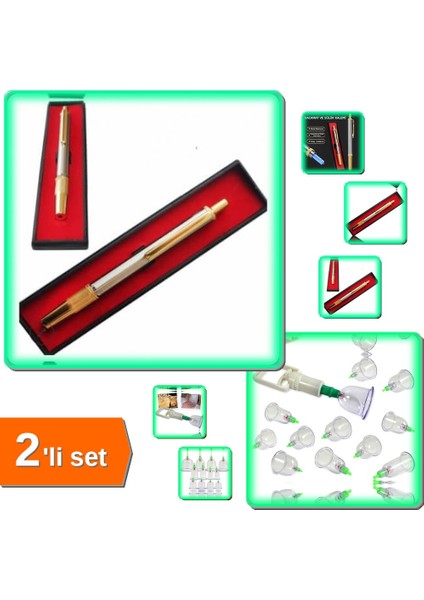 12 Parça Vakumlu Kuppa Seti + Hacamat Tek Iğneli Kalem - Evde Masaj ve Terapi 2li Set ZQ3L8F